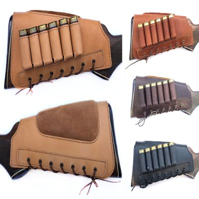 Leather Shotgun Shell Ammo Stright Buttstock Holder Carrier Cover Suede Padded Cheek Rest (12 Gauge, Right Handed, Tan)