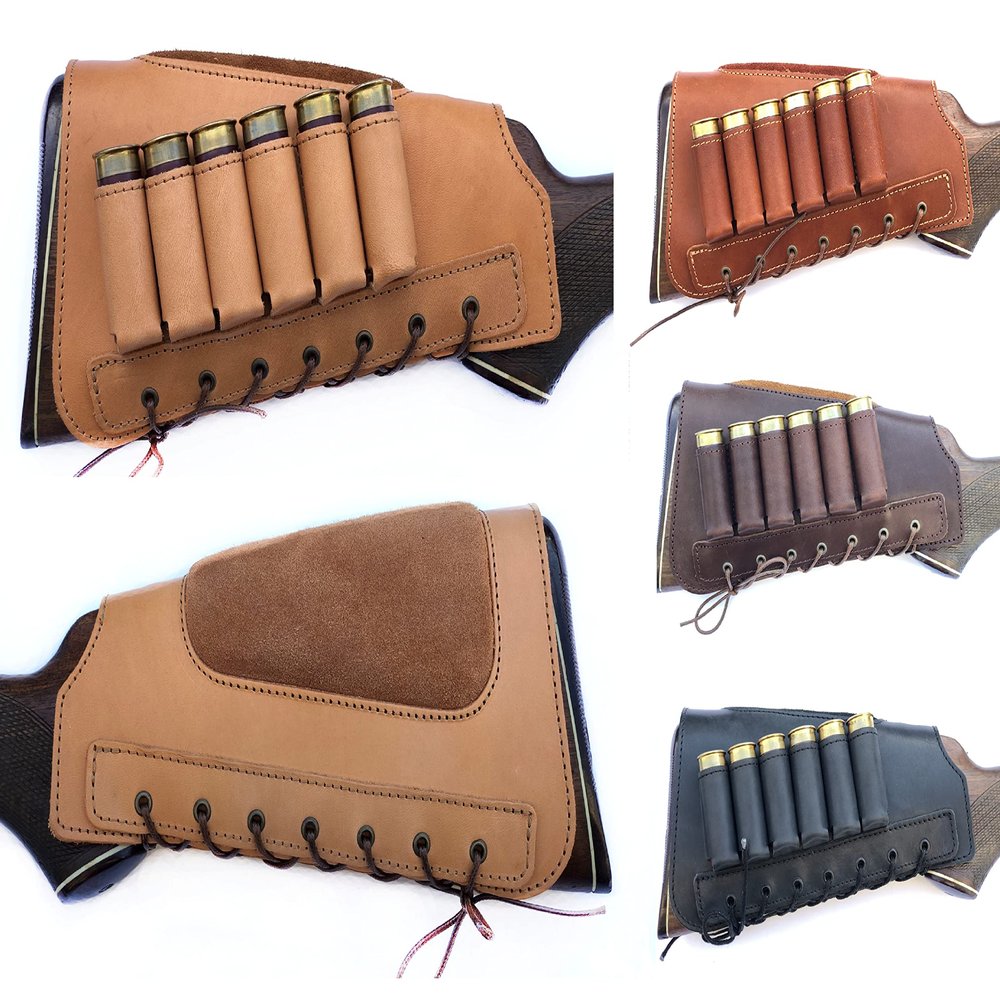 Leather Shotgun Shell Ammo Stright Buttstock Holder Carrier Cover Suede Padded Cheek Rest (12 Gauge, Right Handed, Tan)
