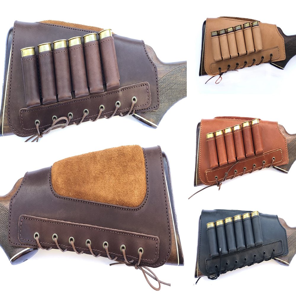 Leather Shotgun Shell Ammo Stright Buttstock Holder Carrier Cover Suede Padded Cheek Rest (20 Gauge (16 Gauge), Right Handed, Brown)