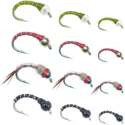 The Fly Fishing Place Bead Head Rainbow Warrior and Zebra Midge Assortment - 1 Dozen - 3 Each of 4 Patterns Sizes 14, 16, 18 - Tailwater Fly Fishing Flies Collection