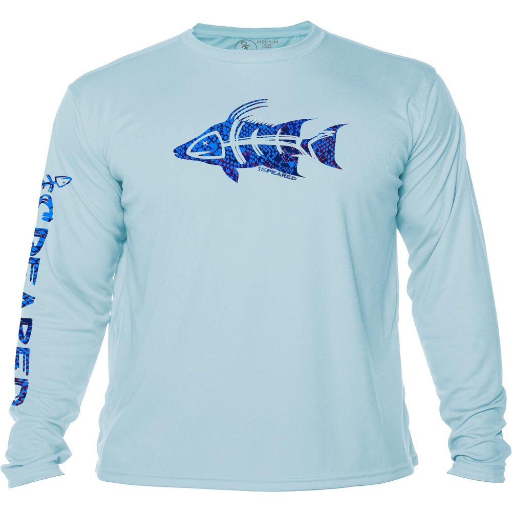 Spearfishing UV Sun Shirt: UPF 50+ Men's Long Sleeve Mens Rash Guard for Scuba Diving, Fishing: Hogfish Camo - Light Blue - S