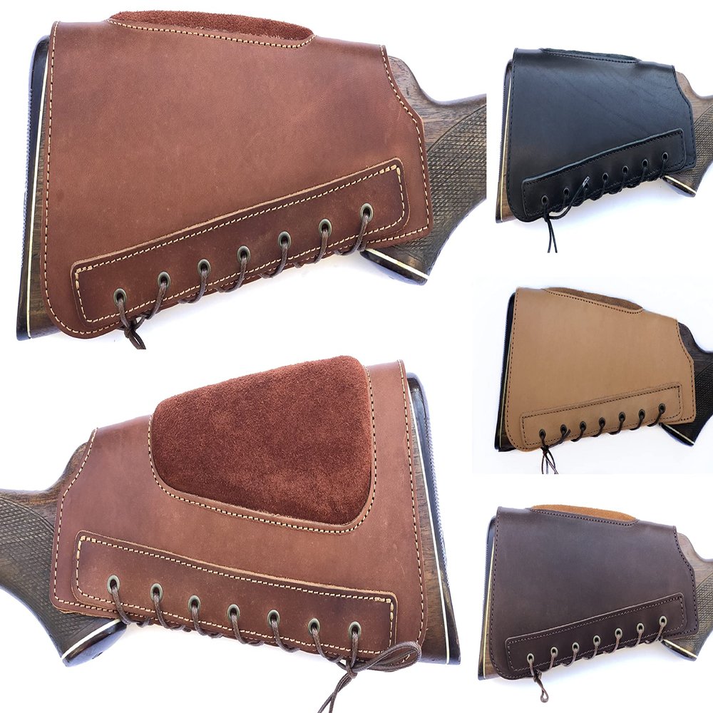 Real Leather Buttstock Holder Cover Suede Padded Cheek Rest - Long Range Shooting (Right Handed, Mahogany)
