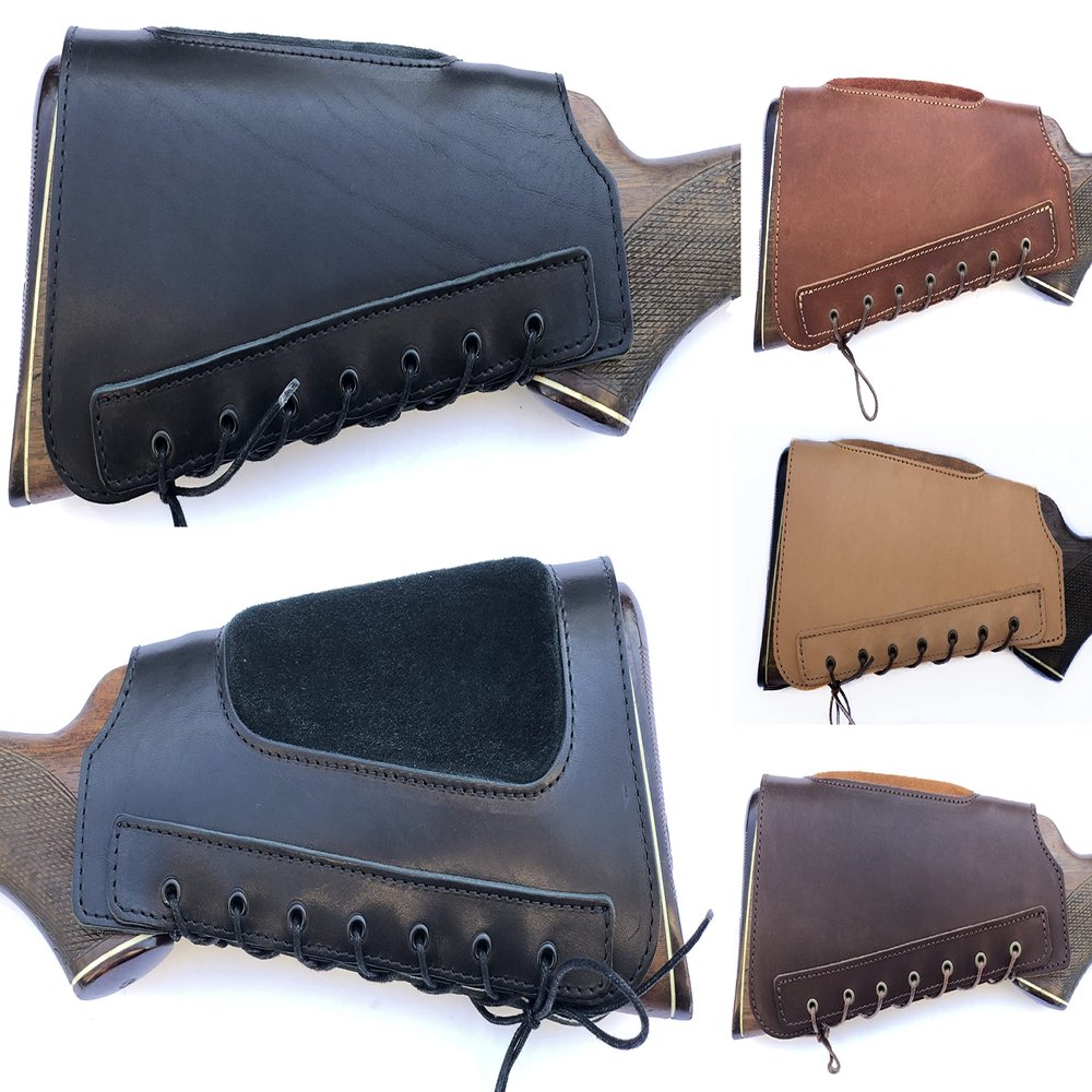 Real Leather Buttstock Holder Cover Suede Padded Cheek Rest - Long Range Shooting (Right Handed, Black)