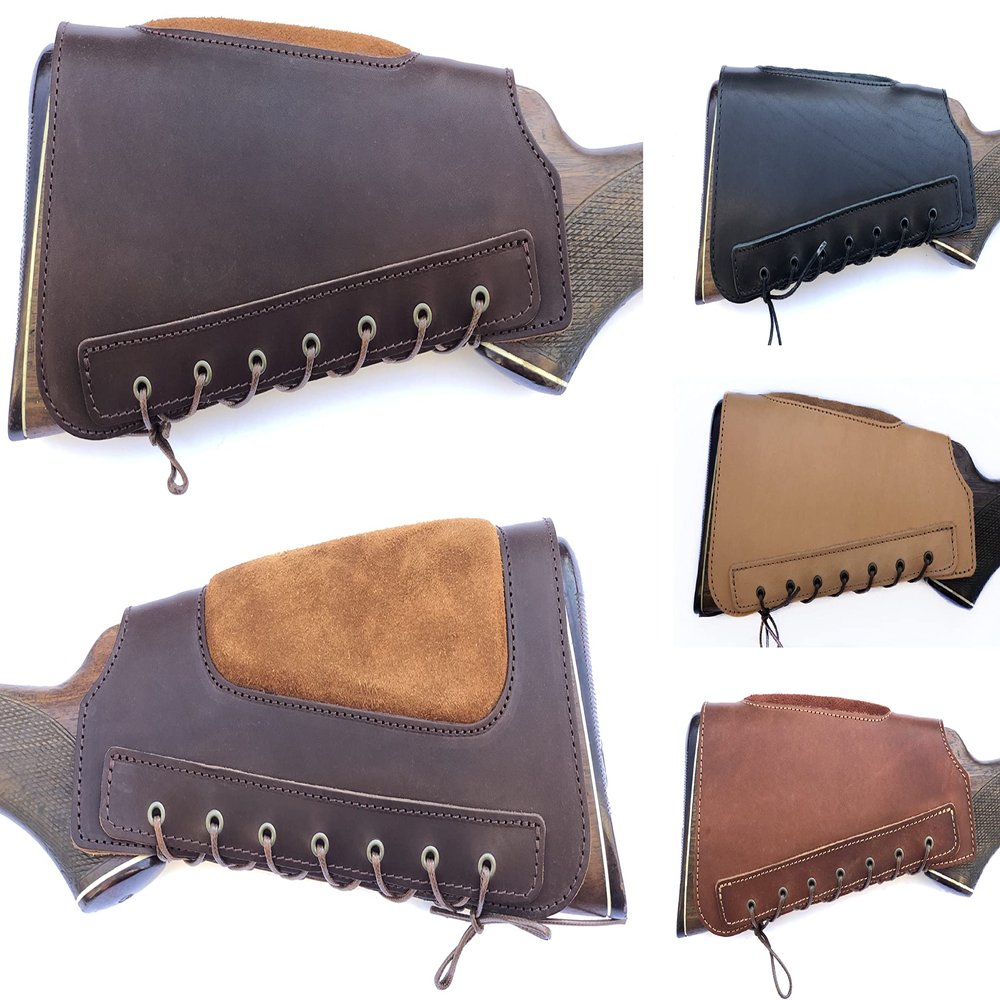 Real Leather Buttstock Holder Cover Suede Padded Cheek Rest - Long Range Shooting (Right Handed, Brown)