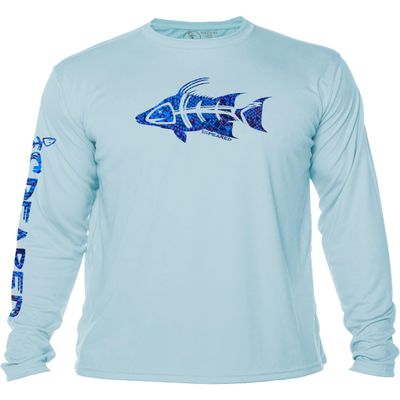Spearfishing UV Sun Shirt: UPF 50+ Men's Long Sleeve Mens Rash Guard for Scuba Diving, Fishing: Hogfish Camo - Light Blue - 2XL