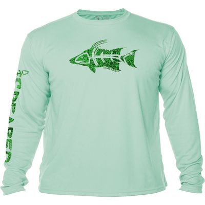 Spearfishing UV Sun Shirt: UPF 50+ Men's Long Sleeve Mens Rash Guard for Scuba Diving, Fishing: Hogfish Camo - Sea Green - 3XL