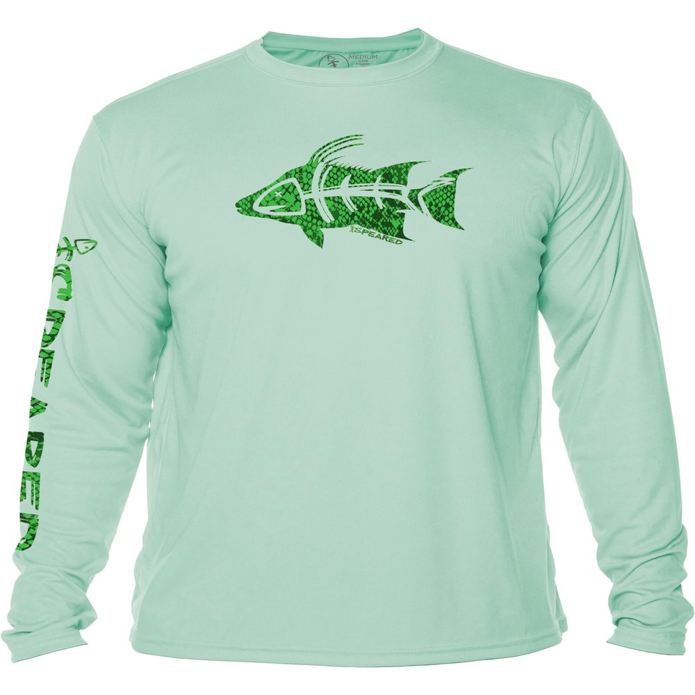 Spearfishing UV Sun Shirt: UPF 50+ Men's Long Sleeve Mens Rash Guard for Scuba Diving, Fishing: Hogfish Camo - Sea Green - 3XL