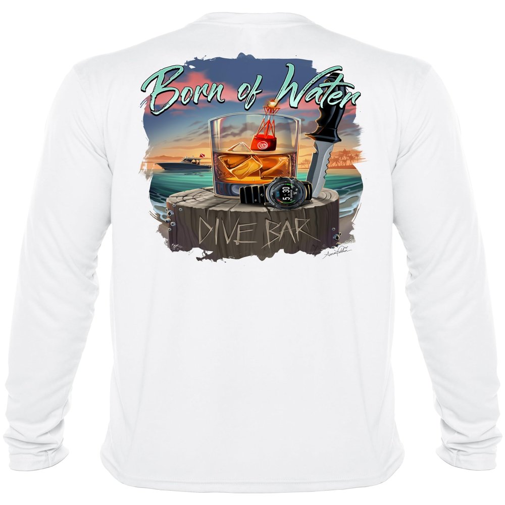 Dive Bar T-Shirt: Mens UV Long Sleeve Protection Shirt - White - S