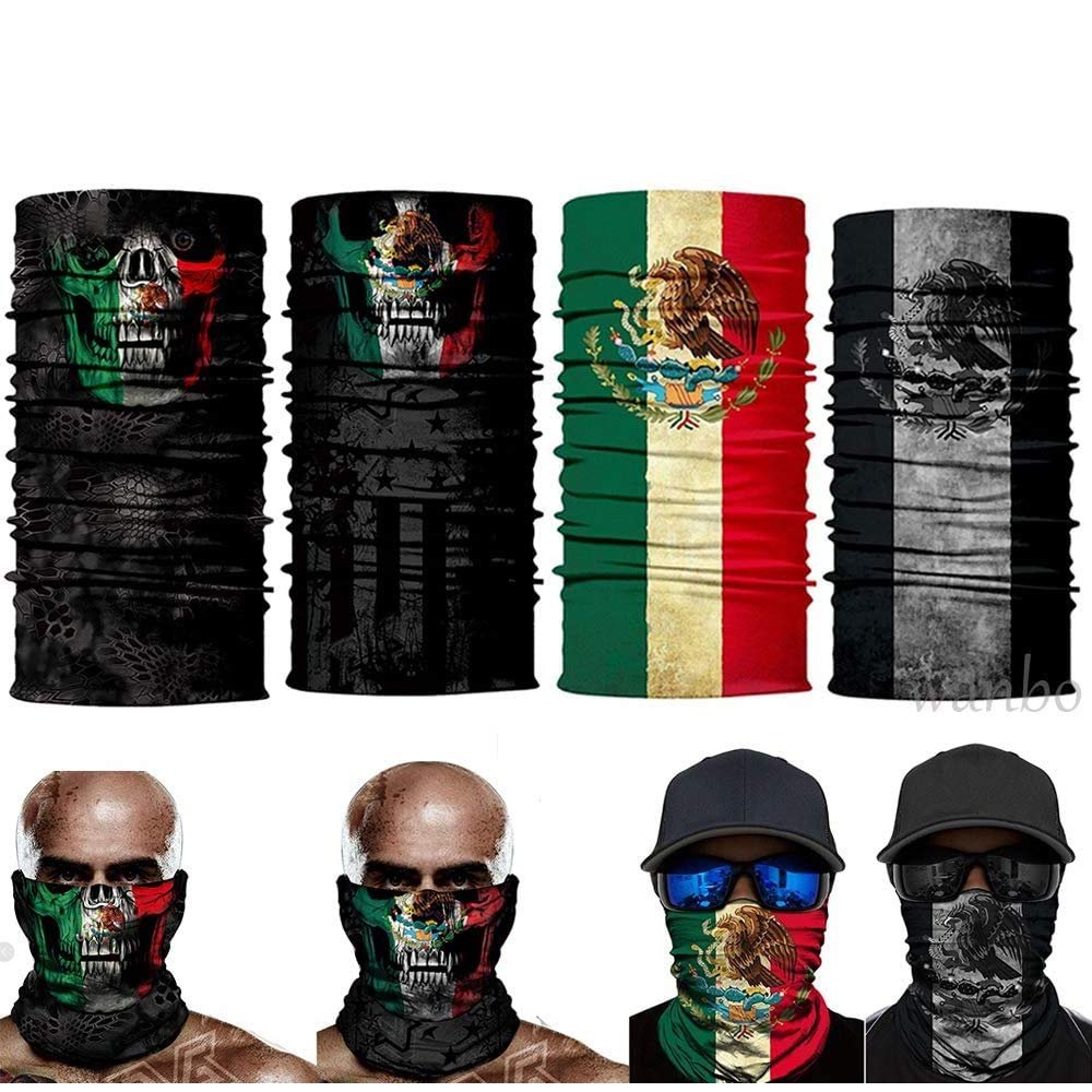 4pcs Skull Mexico Flag Face Scarf Sun Neck Gaiter for Motorcycle Riding Driving Skeleton Bandana Headwear Tube Headband