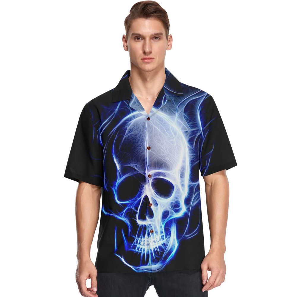 visesunny Mens Casual Button Down Short Sleeve Hawaiian Shirt Suits Skull with Blue Fire Pattern Aloha Shirt