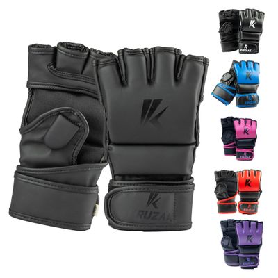 Kruzak MMA Gloves, Men and Womens Half-Finger Boxing Mitts, Hand Wraps with Open Palms for Grappling, Kickboxing, Sanda, Sparring, Muay Thai (L/XL - Matte Black)