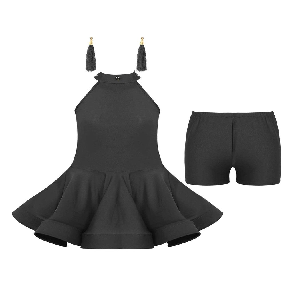 Aislor Kids Girls Latin Dress Tango Ballroom Rumba Samba Dance Dress Dance wear with Boxer Shorts and Tassel Earrings Black 7-8 Years