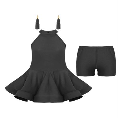 Aislor Kids Girls Latin Dress Tango Ballroom Rumba Samba Dance Dress Dance wear with Boxer Shorts and Tassel Earrings Black 11-12 Years