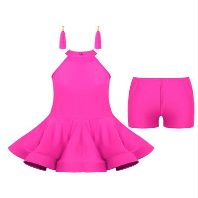 easyforever Girls Latin Dress Sleeveless Hollow Back Rumba Samba Dance Dress with Boxer Shorts and Tassel Earrings Hot Pink 7-8 Years