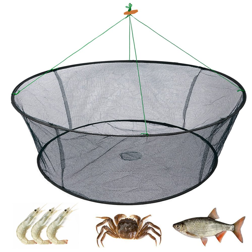 WEISGJA Portable Folded Fishing Net, Crab Net Fish Net with Fishing Rope, Hand Casting Cage Crab Net, Foldable Fishing Mesh Trap for Minnows,Lobster,Crawfish,Shrimp etc. (31.5inch/80cm)