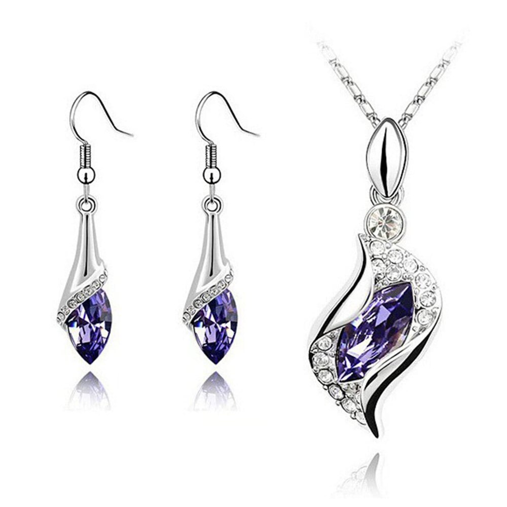 2Pcs Noble Necklace Earrings Set Shining Faux Crystal Pendant Necklace Hook Earrings Women Jewelry Valentine's Day/Mother's Day/Wedding/Anniversary/Party/Graduation/Christmas/Birthday Gifts-Purple