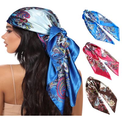 AWAYTR 35' Large Square Satin Head Scarf - 3Pcs Satin Hair Scarves Silk Bandana Headscarf Silk Feeling Scarf for Women (Paisley(coffee/Blue/Rose))