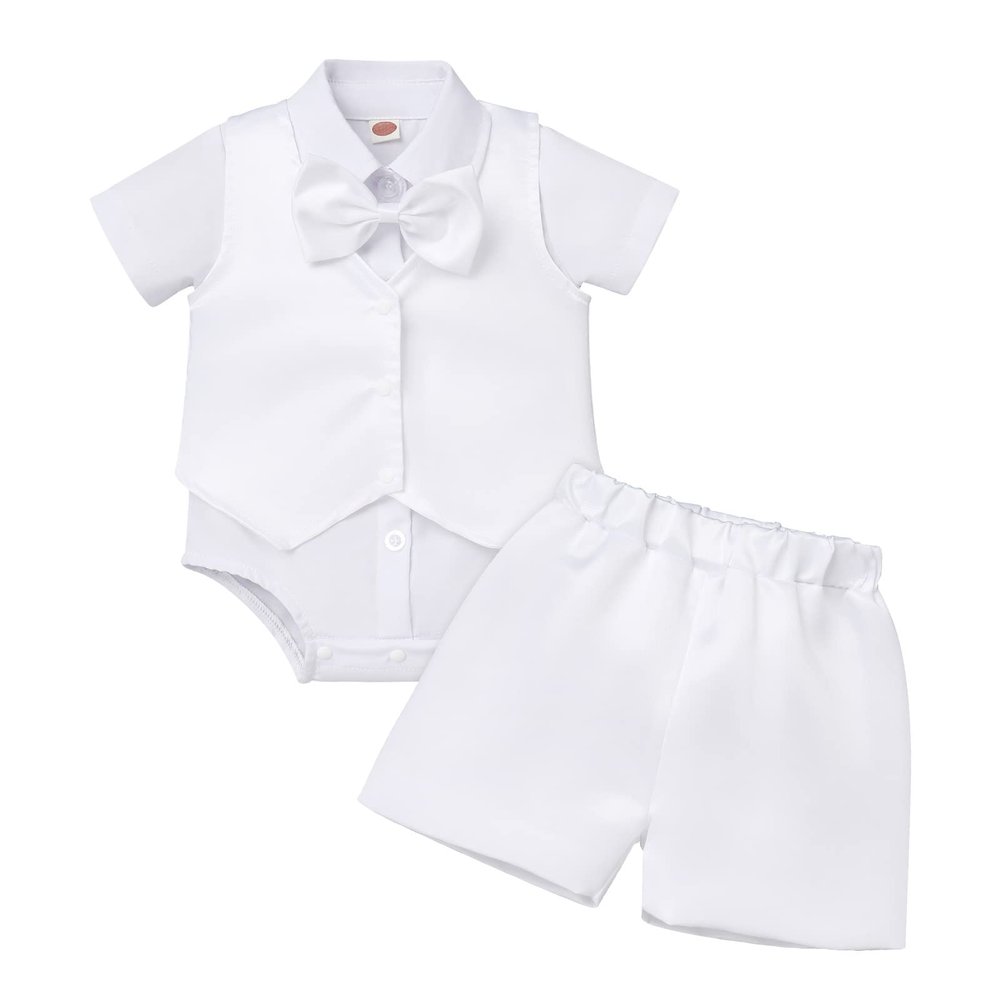 Baby Boy Gentleman Formal Baptism Outfits White Shirt Romper+ Shorts + Vest Suits 4 Pcs Sets Wedding Christening Tuxedo Suit White 0-6 Months
