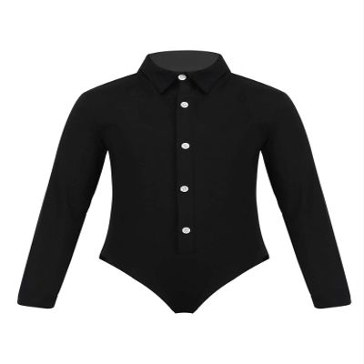 FEESHOW Kids Boys One-Piece Latin Jazz Dance Leotard Lapel Long Sleeves Button Down Shirt Romper Jumpsuit Black 6 Years