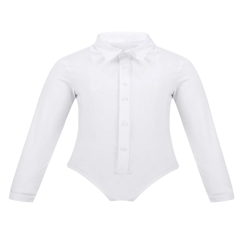 FEESHOW Kids Boys One-Piece Latin Jazz Dance Leotard Lapel Long Sleeves Button Down Shirt Romper Jumpsuit White 6 Years