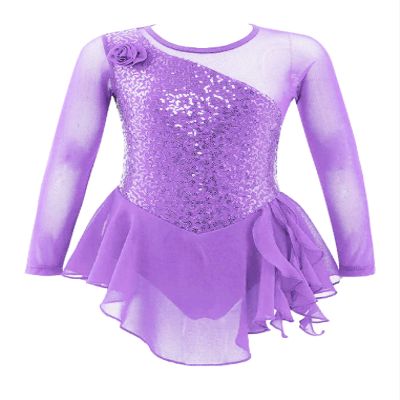 Oyolan Kids Girls Skater Figure Ice Skating Lreotard Dress Mesh Splice Athletic Gymnastic Ballet Dancewear Light Purple C 14 Years