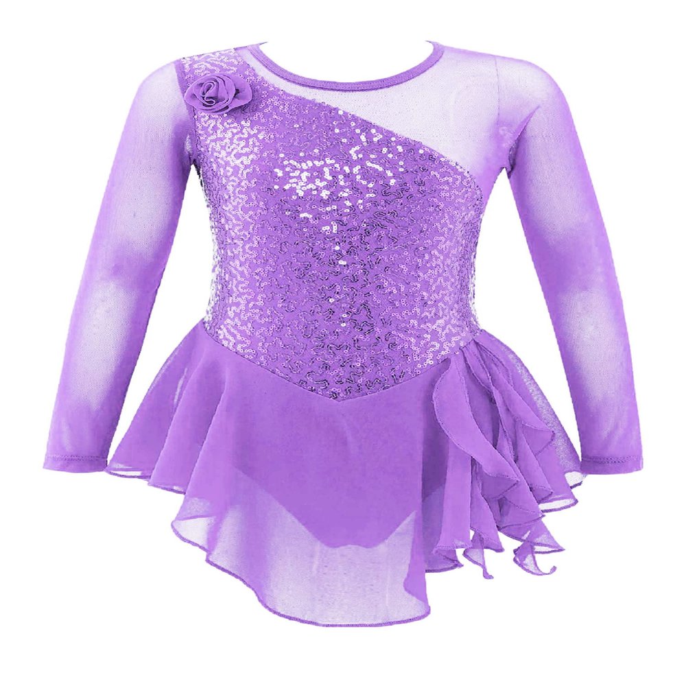 Oyolan Kids Girls Skater Figure Ice Skating Lreotard Dress Mesh Splice Athletic Gymnastic Ballet Dancewear Light Purple C 14 Years