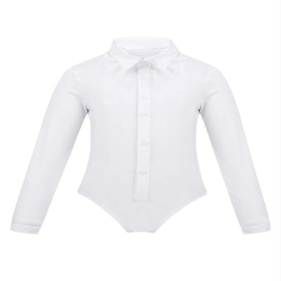 FEESHOW Kids Boys One-Piece Latin Jazz Dance Leotard Lapel Long Sleeves Button Down Shirt Romper Jumpsuit White 12 Years
