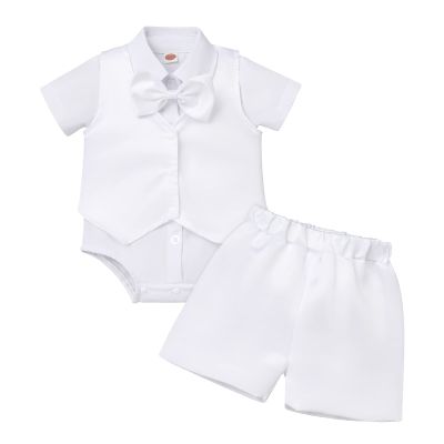 Baby Boy Gentleman Formal Baptism Outfits White Shirt Romper+ Shorts + Vest Suits 4 Pcs Sets Wedding Christening Tuxedo Suit White 18-24 Months