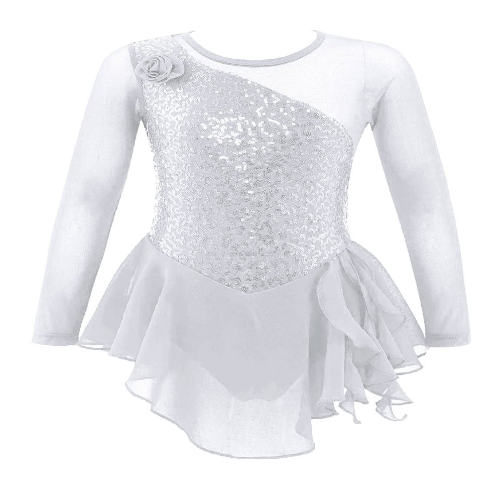 Oyolan Kids Girls Skater Figure Ice Skating Lreotard Dress Mesh Splice Athletic Gymnastic Ballet Dancewear White C 14 Years