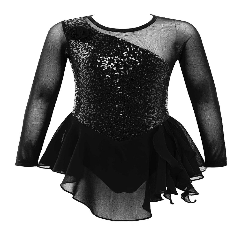 Oyolan Kids Girls Skater Figure Ice Skating Lreotard Dress Mesh Splice Athletic Gymnastic Ballet Dancewear Black C 12 Years