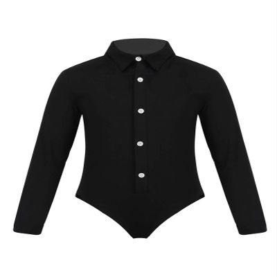 VernLan Kids Boys Latin Jazz Dance Leotard Shirt Ballroom Lapel Long Sleeves Performing Costume Black 12 Years