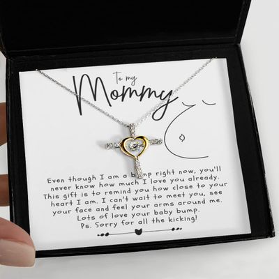 Cross Dancing Necklace - Mommy Baby Bump Message Card Jewelry for Mother-to-Be Mom-to-Be Pregnancy Pregnant from Fetus Unborn Child Love Heart Cross R