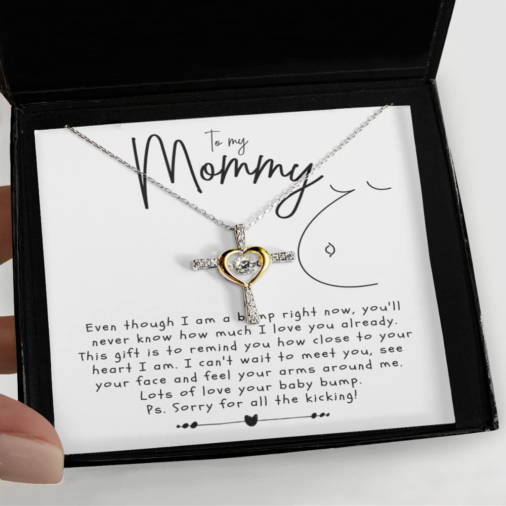 Cross Dancing Necklace - Mommy Baby Bump Message Card Jewelry for Mother-to-Be Mom-to-Be Pregnancy Pregnant from Fetus Unborn Child Love Heart Cross R