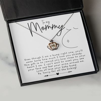 Crown Pendant Necklace - Mommy Baby Bump Message Card Jewelry for Mother-to-Be Mom-to-Be Pregnancy Pregnant from Fetus Unborn Child Love Heart Cross R