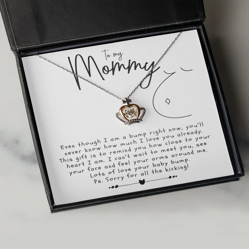 Crown Pendant Necklace - Mommy Baby Bump Message Card Jewelry for Mother-to-Be Mom-to-Be Pregnancy Pregnant from Fetus Unborn Child Love Heart Cross R