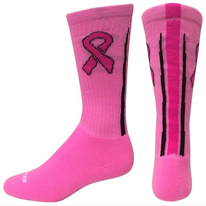 Epic Adult Crew Pink Breast Cancer Ribbon Stripe Back Socks Pair Pink/Black (MEDIUM) SOCK SIZE PR