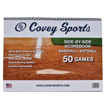 Covey Sports Baseball Scorebook with 50-Game Capacity - Side-by-Side Format for Tracking Both Teams on One Page - Softball Score Keeping Book with Pitch Count Tracker