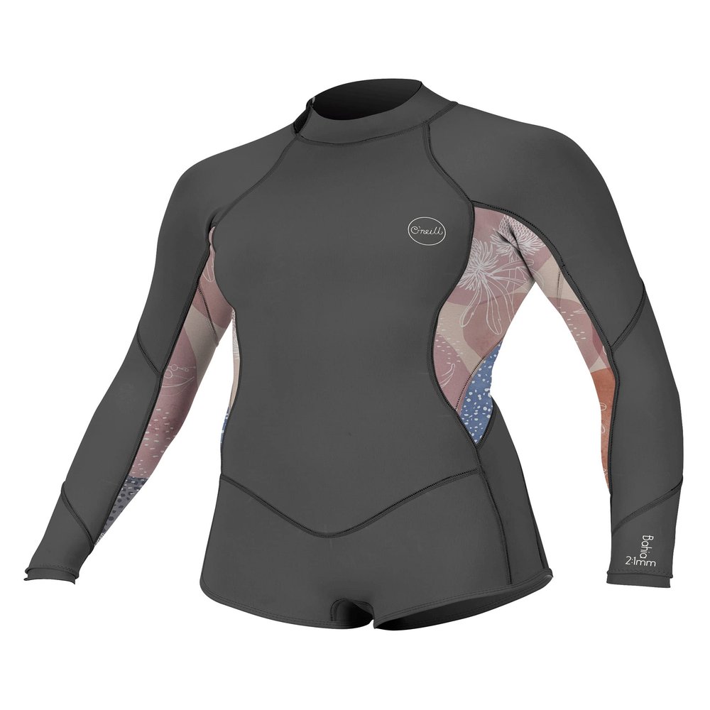 Girl's Bahia 2/1mm Back Zip Long Sleeve Surf Wetsuit, Graphite/Desert Bloom/Drift Blue, 8