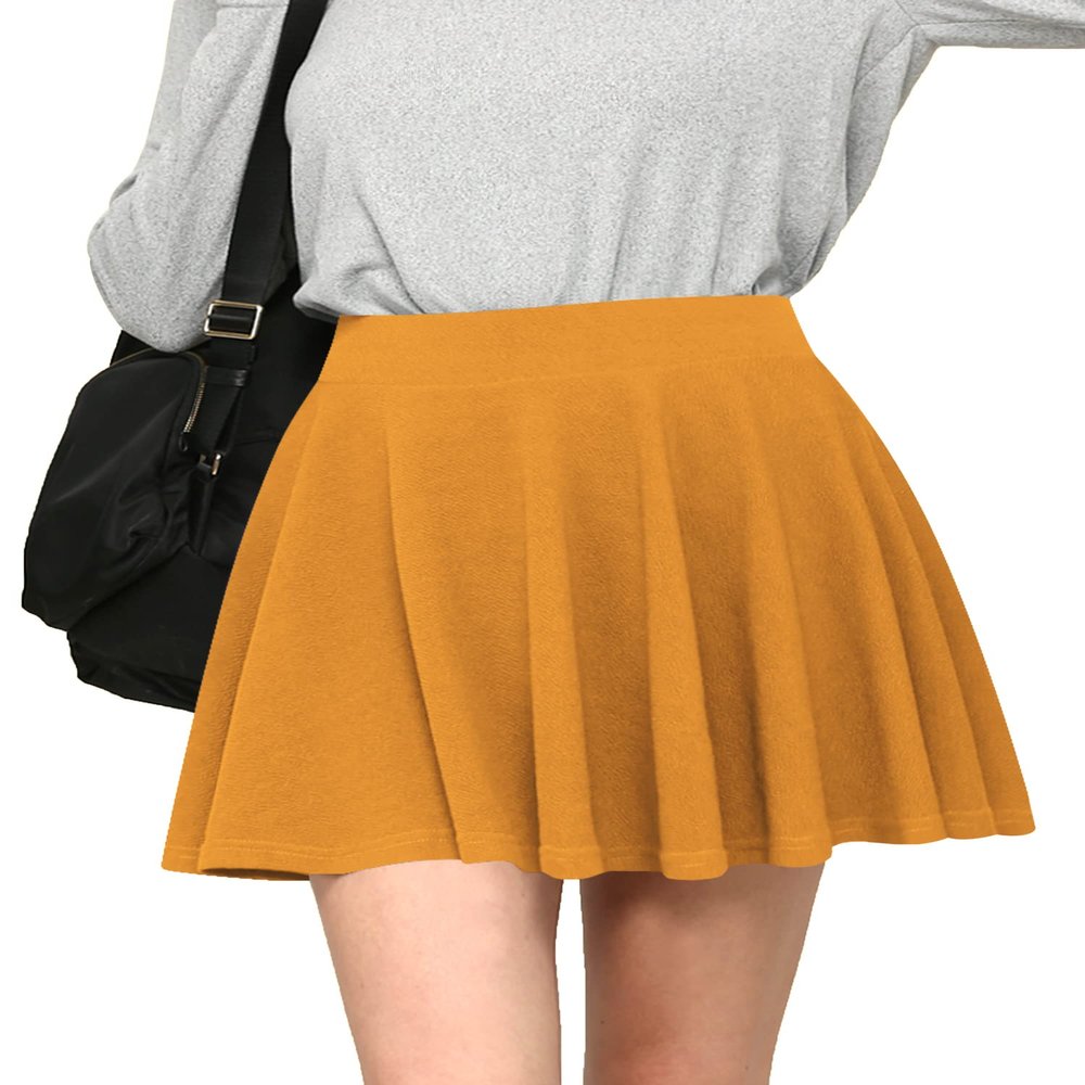 MBJ WB2382 Women's Casual Mini Flared Plain Pleated Skater Skirt with Shorts XL Mustard
