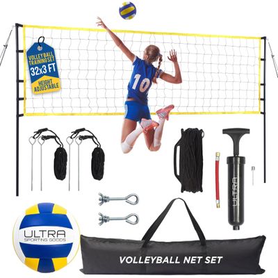Volleyball Net Outdoor - Includes 32x3 Feet Regulation Size Net, 8.5-Inch PU Volleyball, Carrying Bag, Boundary Lines, Steel Poles & Pump - Volleyball Net for Backyard, Beach, or Pool