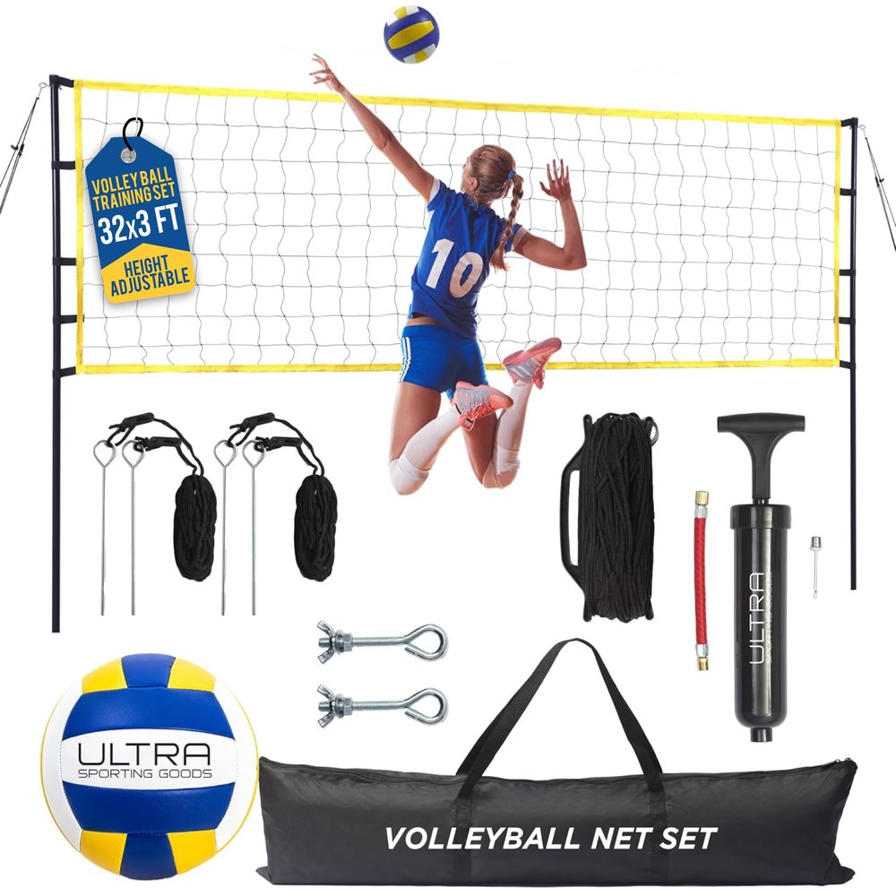 Volleyball Net Outdoor - Includes 32x3 Feet Regulation Size Net, 8.5-Inch PU Volleyball, Carrying Bag, Boundary Lines, Steel Poles & Pump - Volleyball Net for Backyard, Beach, or Pool