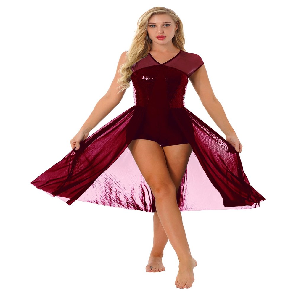 ACSUSS Women Lyrical Dance Costume Leotard Dress Sequins V-Neck Backless Split Tulle Skirt Flowy Overlay Dress Burgundy Large