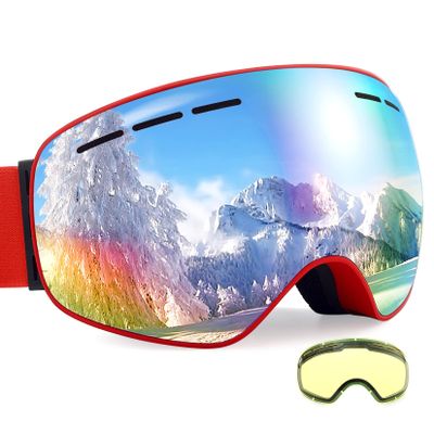 Dizokizo Ski Goggles Interchangeable Spherical Lens for Skiing Snowboard Anti-fog 100% UV Protection Triple Breathable Foams for Women Men REVO Red