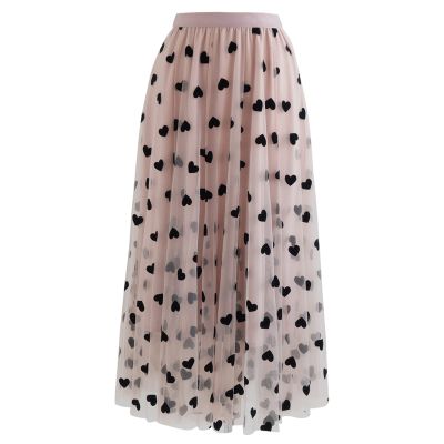 CHICWISH Women's Blush Pink 3D Heart Double-Layered Mesh Tulle Maxi Skirt, Size S-M