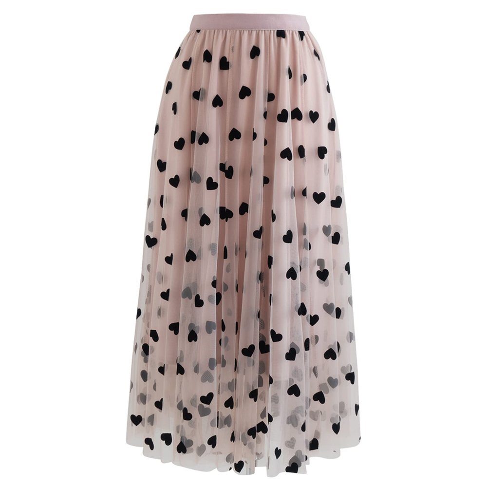 CHICWISH Women's Blush Pink 3D Heart Double-Layered Mesh Tulle Maxi Skirt, Size S-M