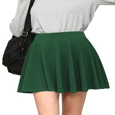 MBJ WB2382 Women's Casual Mini Flared Plain Pleated Skater Skirt with Shorts M Green
