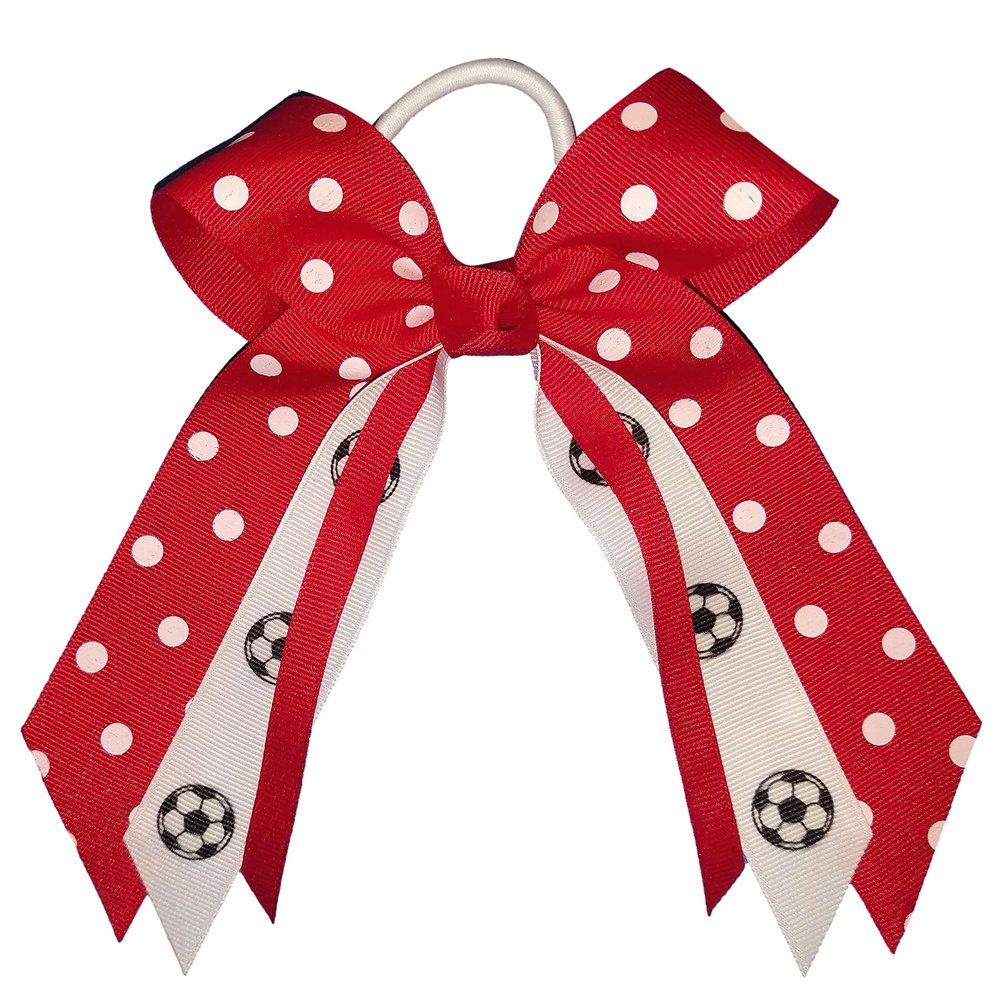 Soccer Polka Dot Small Bow, white pony band, Made in the USA (Red), many colors