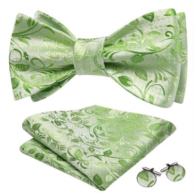 Barry.Wang Self Tie Bow Ties for Men Light Green Bow Tie and Pocket Square Cufflinks Set Paisley Flower Bowtie Wedding