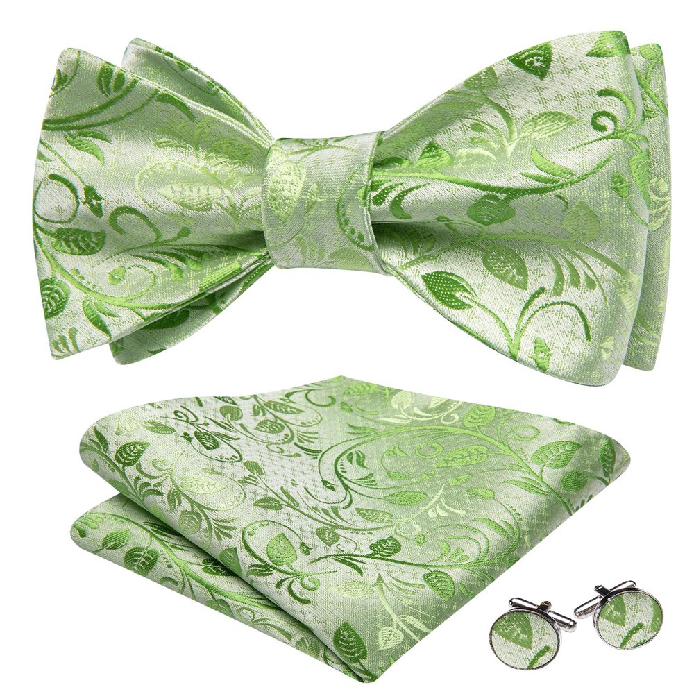Barry.Wang Self Tie Bow Ties for Men Light Green Bow Tie and Pocket Square Cufflinks Set Paisley Flower Bowtie Wedding