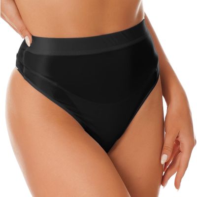 ACSUSS Women Sexy Oil Shiny Panties High Waist Tummy Control Thin Smooth Lingerie Lifting Hip Briefs 2# Black X-Large